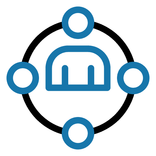 Icono de conexión y colaboración en color azul para academia de idiomas en Madrid.